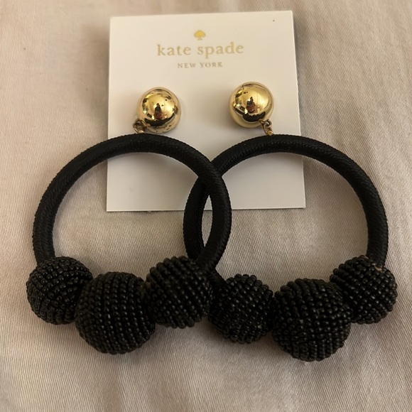 Brand New Black Kate Spade Dangle / Hoop Thread Earrings with Balls - Picture 2 of 4
